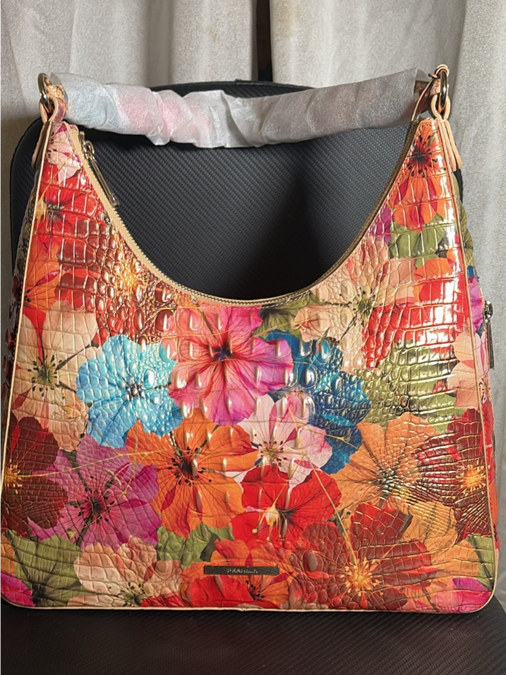 Brahmin Multicolor Floral Embossed Leather Tote with Gold Trim - Picture 4 of 6